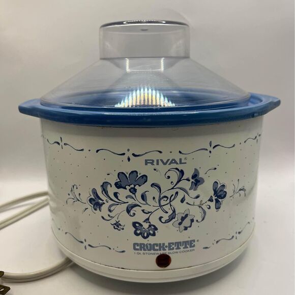 Vintage Rival Crock-Ette Crock Pot TESTED 1 Quart Blue Flowers Model 3205 - Picture 1 of 6
